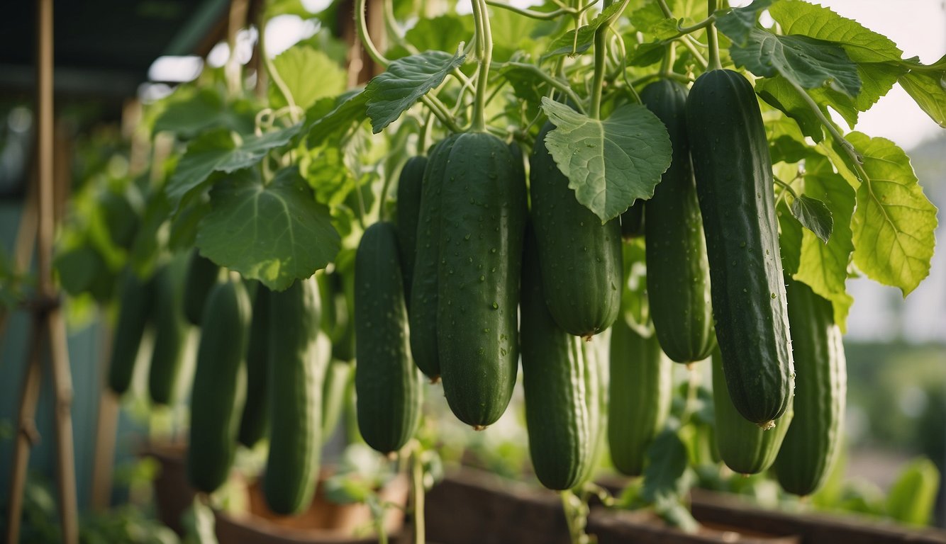 Cucumbers grow upside down in a hanging planter, supported by a sturdy frame. Vines cascade downwards, producing abundant fruit