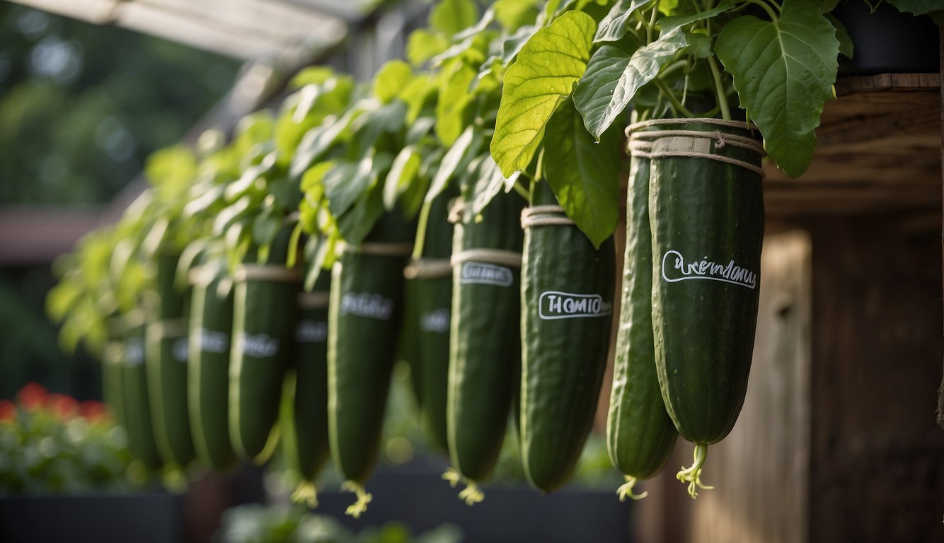 Cucumbers grow upside down in hanging planters, surrounded by lush green leaves and tendrils. A sign reads "Frequently Asked Questions" in the background