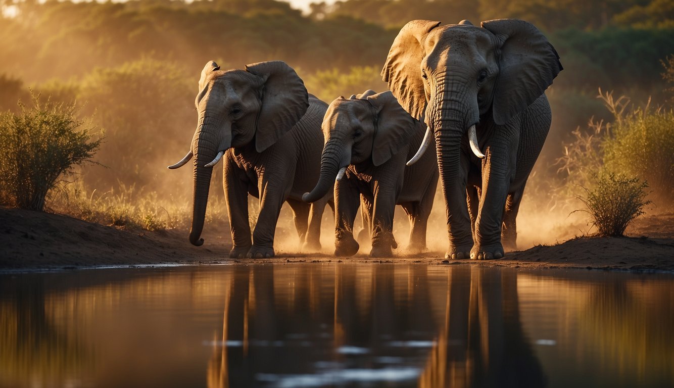 A herd of elephants gathers around a lush watering hole, their massive bodies casting shadows in the golden light of the savanna