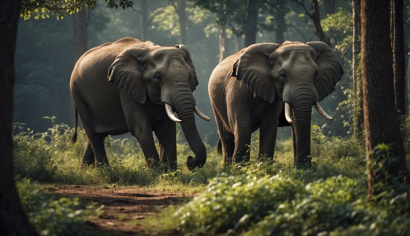 Elephants devouring trees, trampling vegetation, and creating paths through the forest.

Their massive bodies leave a significant impact on the ecosystem