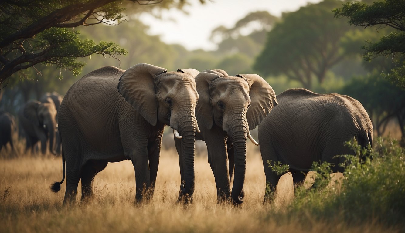 Elephants grazing in a lush savanna, surrounded by towering trees and vibrant greenery.

Their massive bodies and insatiable appetites are evident as they peacefully coexist with their environment