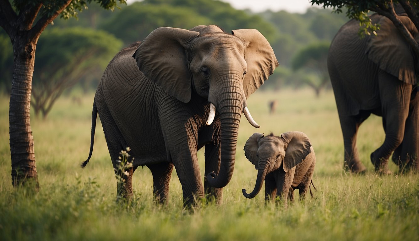 An elephant family peacefully grazing in a lush, green savanna, surrounded by towering trees and vibrant wildlife