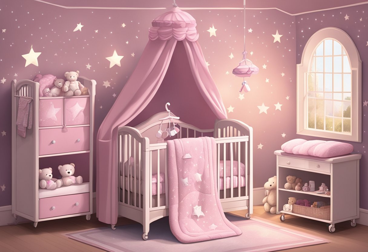 A crib with a pink blanket and a teddy bear. A mobile above with stars and moons. A name plaque "Eva" on the wall