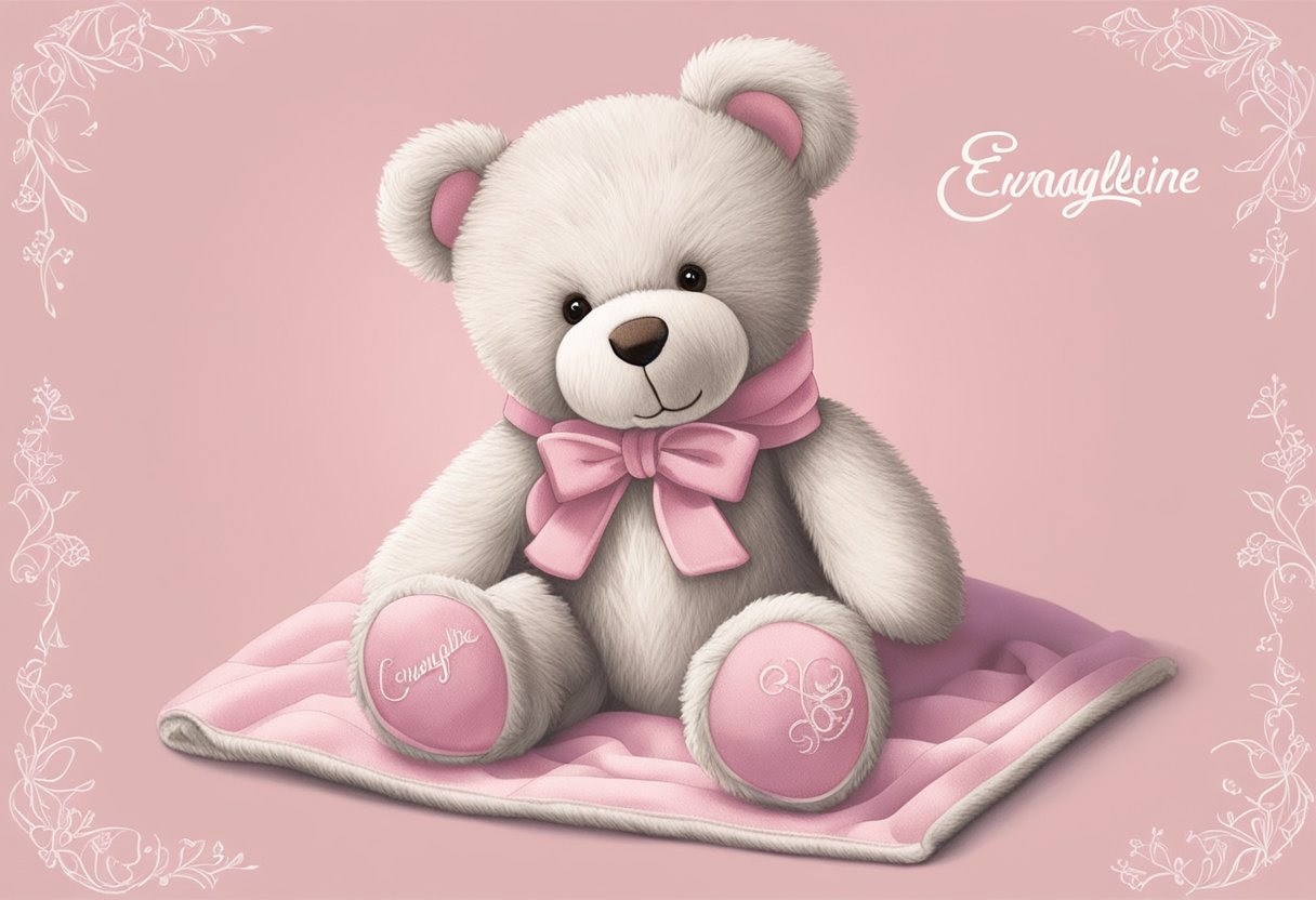 A soft, pink blanket with the name "Evangeline" embroidered in delicate cursive script. A small, plush teddy bear sits beside it