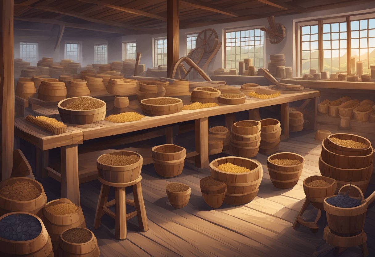 A traditional clog factory with wooden machinery and tools, surrounded by stacks of raw materials and finished clogs