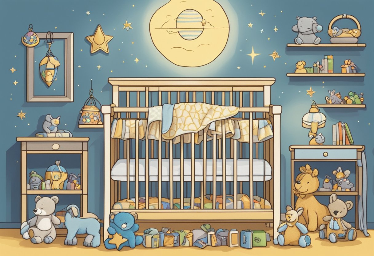 A crib with the name "Ezekiel" embroidered on a soft blanket, surrounded by toys and a gentle nightlight