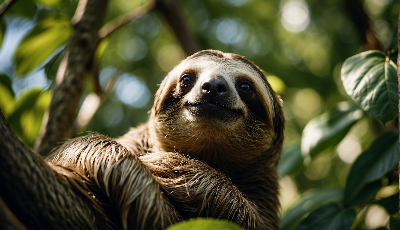 A sloth leisurely munches on green leaves in the treetops, surrounded by lush foliage and dappled sunlight