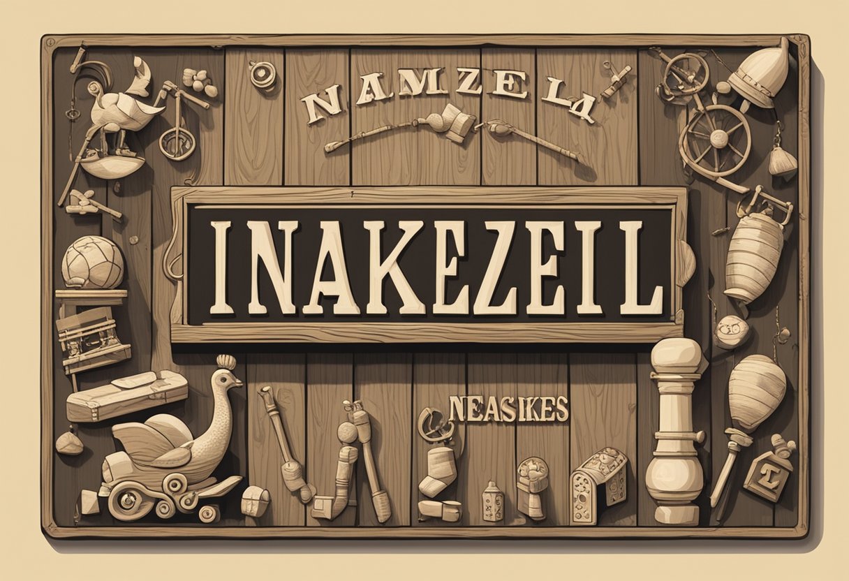 A rustic wooden sign with "Notable Namesakes" and "Ezekiel" in bold letters, surrounded by vintage baby items like rattles and blocks