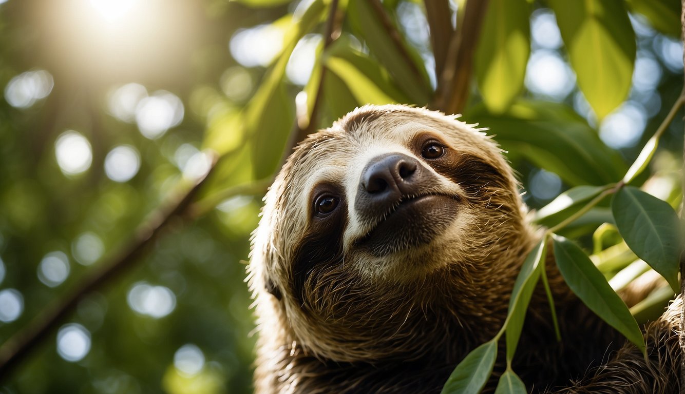 A sloth hangs upside down from a tree, leisurely munching on leaves, surrounded by lush green foliage and dappled sunlight filtering through the canopy