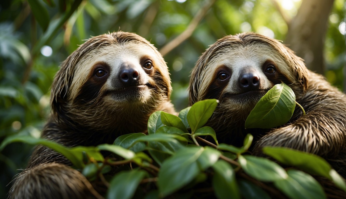 A sloth munches on leaves in a lush rainforest, while another sloth rests in a tree, surrounded by vibrant green foliage