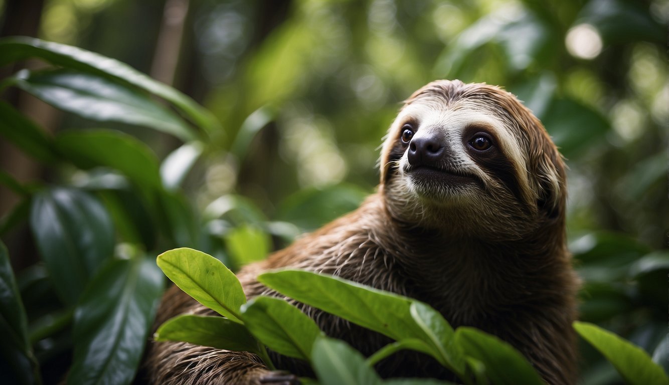 Sloths munch on green leaves in a lush rainforest, surrounded by diverse plant life and vibrant wildlife