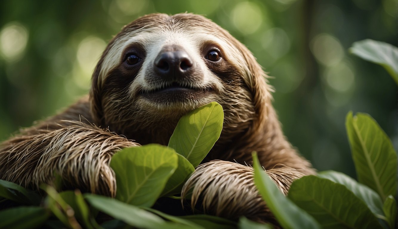 A sloth munches on leaves in a lush, green forest.

Its slow movements and peaceful demeanor convey a sense of tranquility