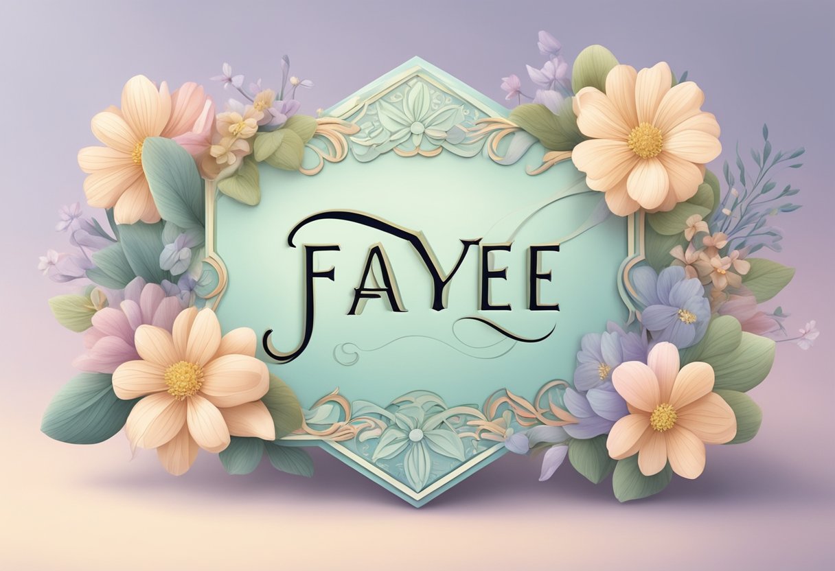 A small, delicate name tag reads "Faye" in elegant cursive letters, surrounded by soft pastel colors and delicate floral accents