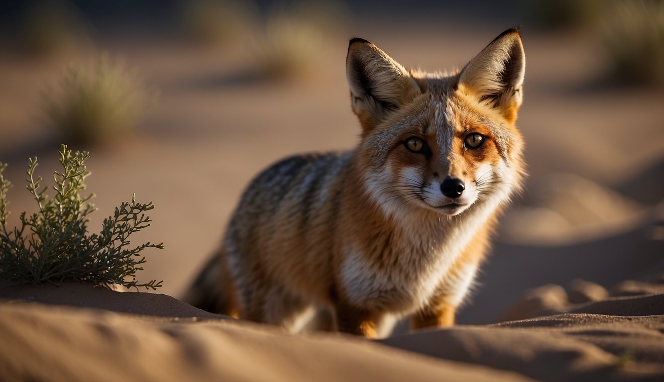 The desert fox hunts for insects and small rodents in the moonlit sand dunes, its keen eyes and agile paws making it a formidable predator