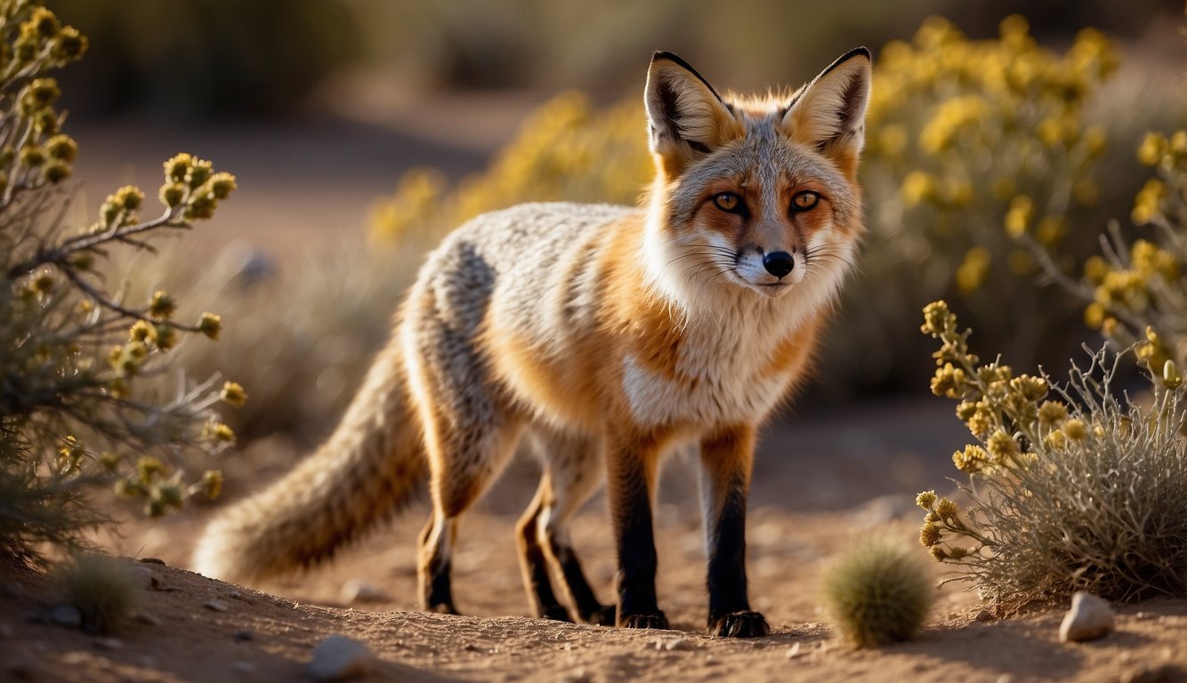 The desert fox has a slender body, large ears, and a bushy tail.

It is depicted hunting and consuming insects, small mammals, and fruits in its habitat