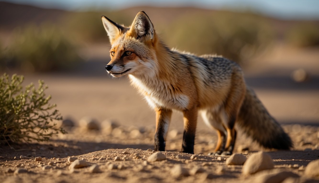 A desert fox scavenges for insects, small mammals, and fruits in the arid landscape.

It blends into the sandy terrain, its keen senses alert for prey