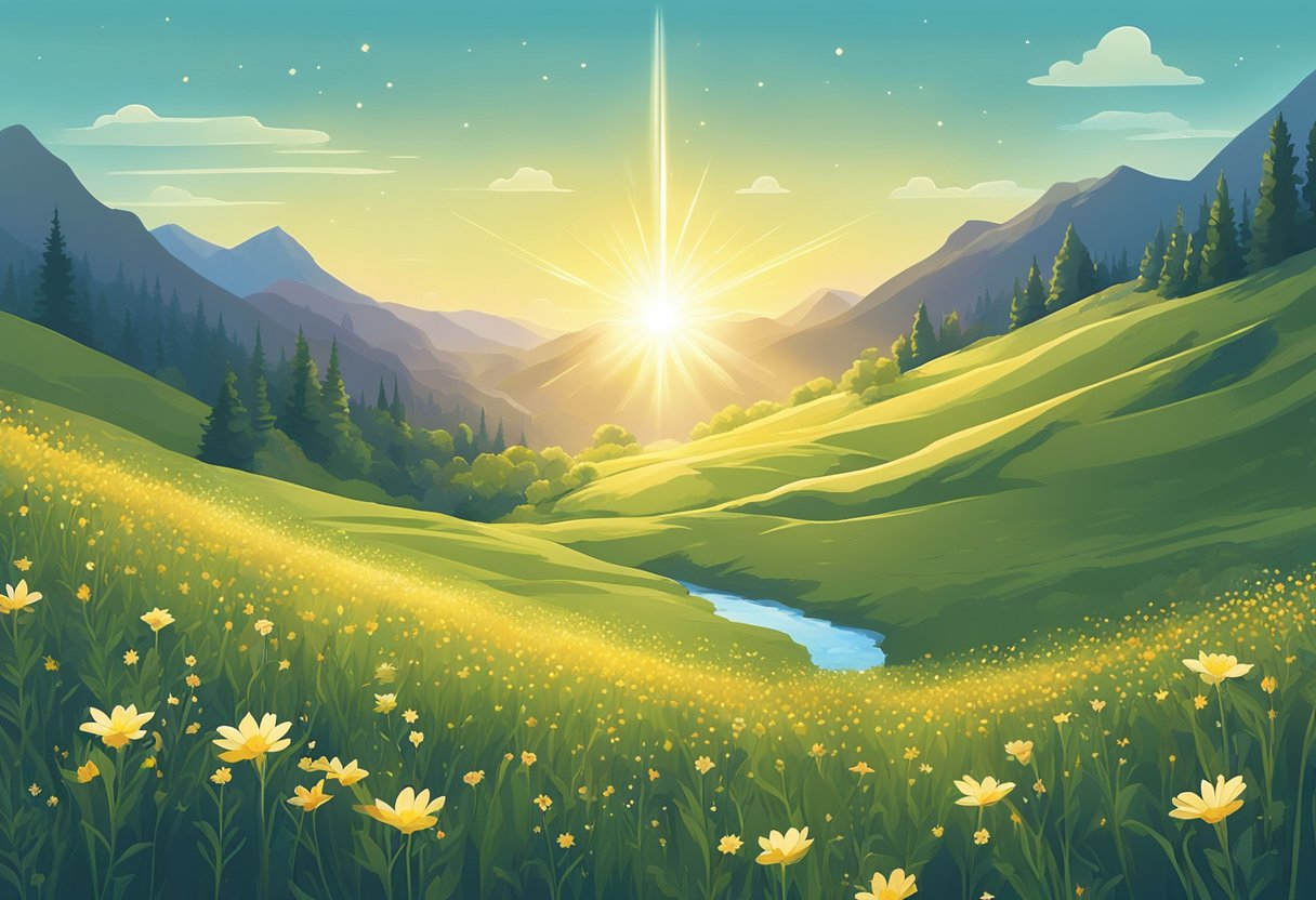 A glowing star shines above a serene meadow, where delicate wildflowers bloom, evoking a sense of tranquility and grace