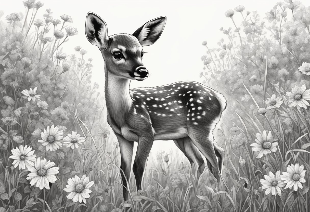 A baby deer named Faye frolicking in a meadow of wildflowers