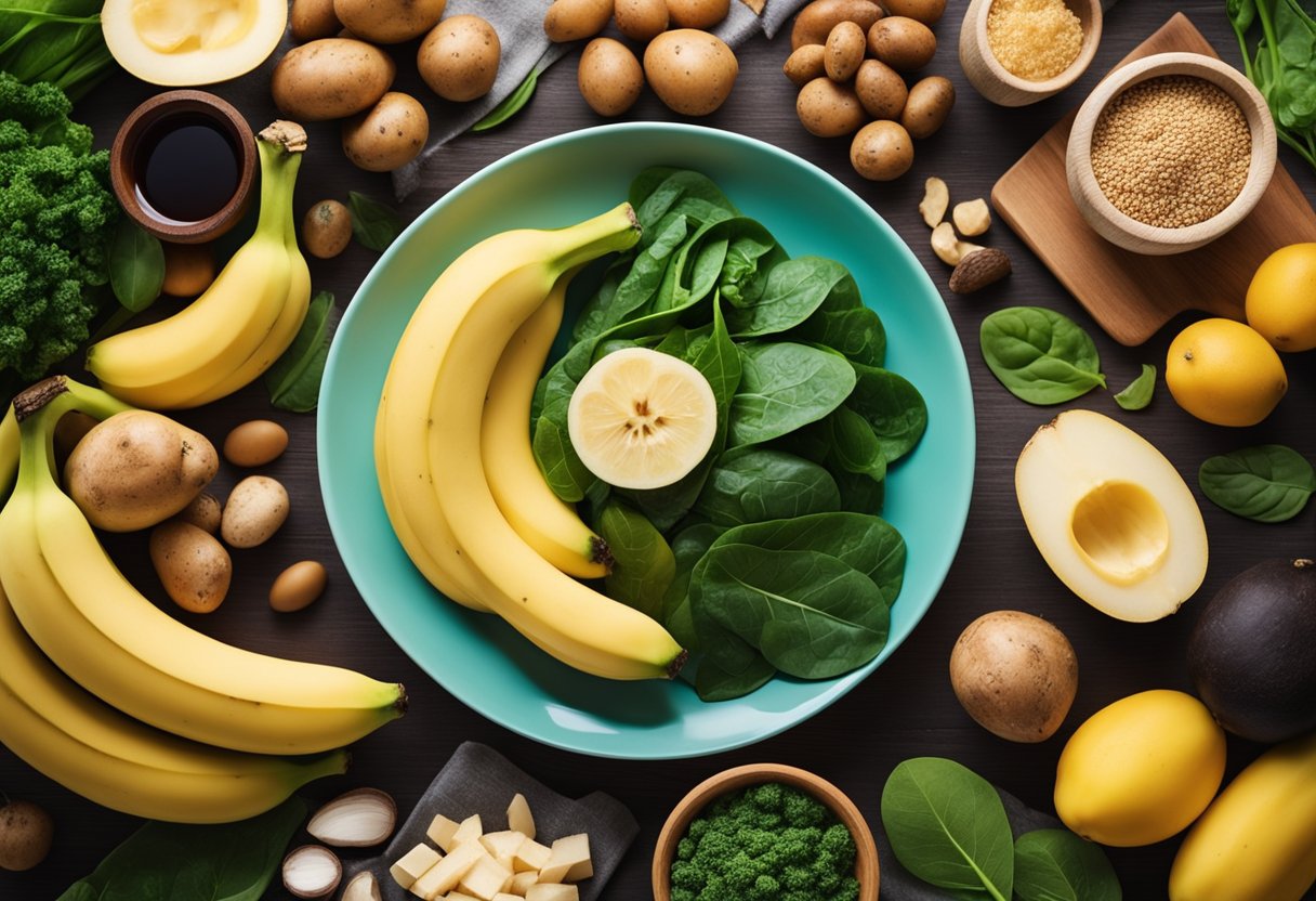 A colorful plate with high-potassium foods like bananas, spinach, and potatoes, surrounded by health-related symbols and icons