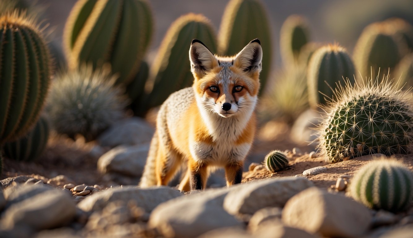 A desert fox scavenges for food among cacti and rocks, its diet surprising with a mix of insects, small mammals, and plant material
