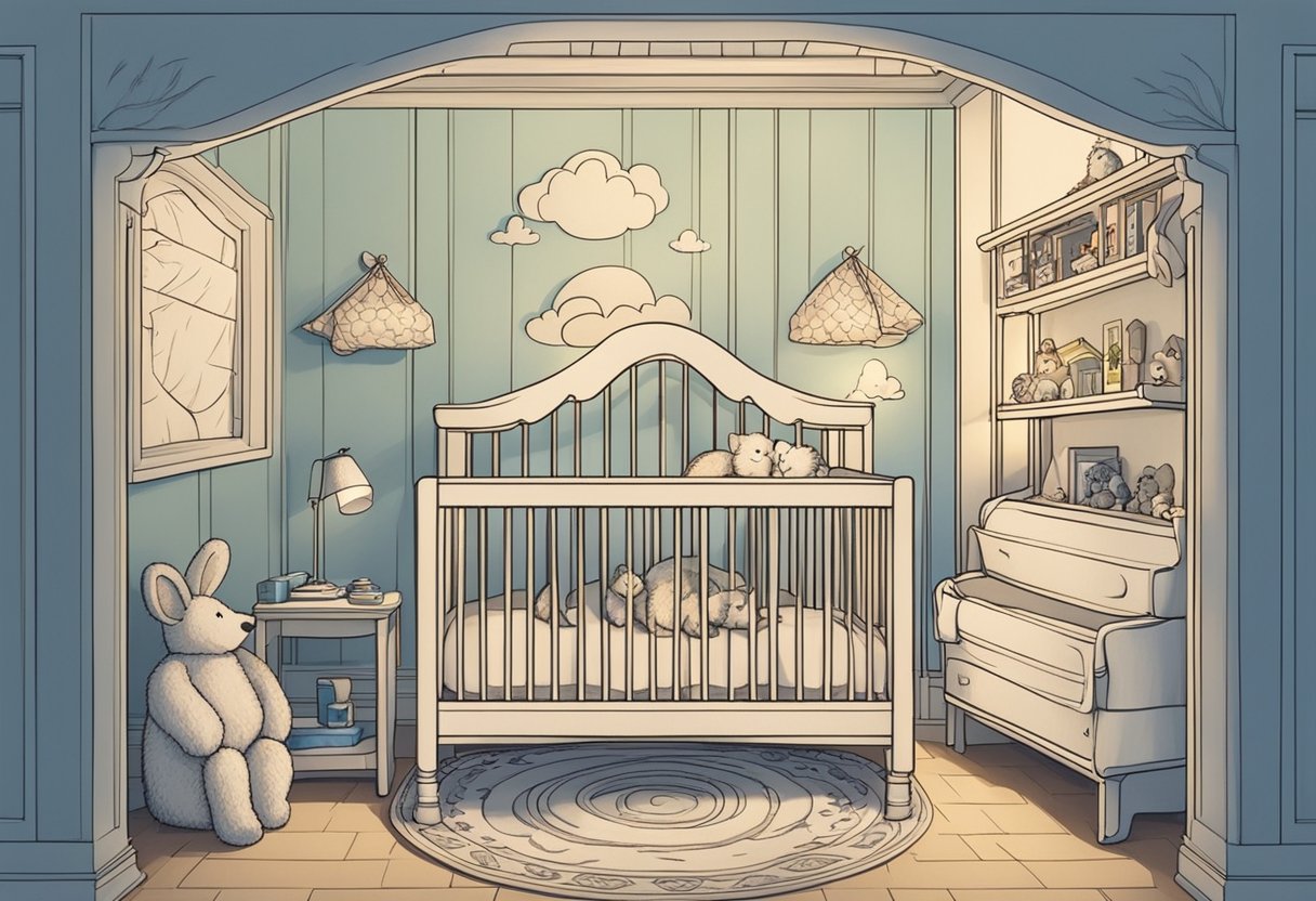 A small crib with the name "Faith" carved into the headboard, surrounded by soft blankets and stuffed animals