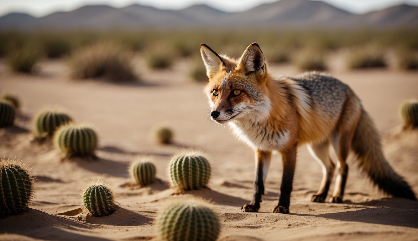 The desert fox stands in the arid landscape, surrounded by prickly cacti and sandy dunes.

It holds a small rodent in its mouth, while its keen eyes scan the horizon for potential prey