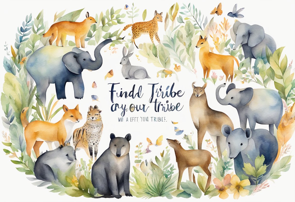 A circle of diverse animals surrounded by uplifting "find your tribe" quotes