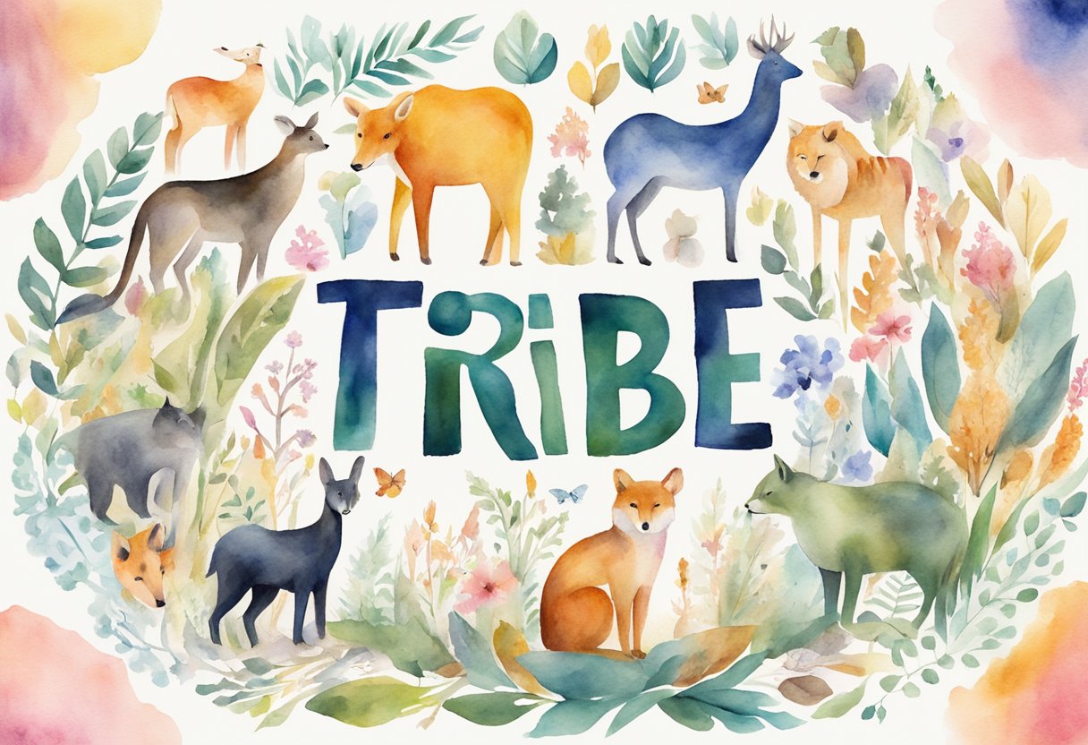 A circle of diverse symbols and animals, united in a shared purpose, surrounded by the words "Find Your Tribe" in bold letters