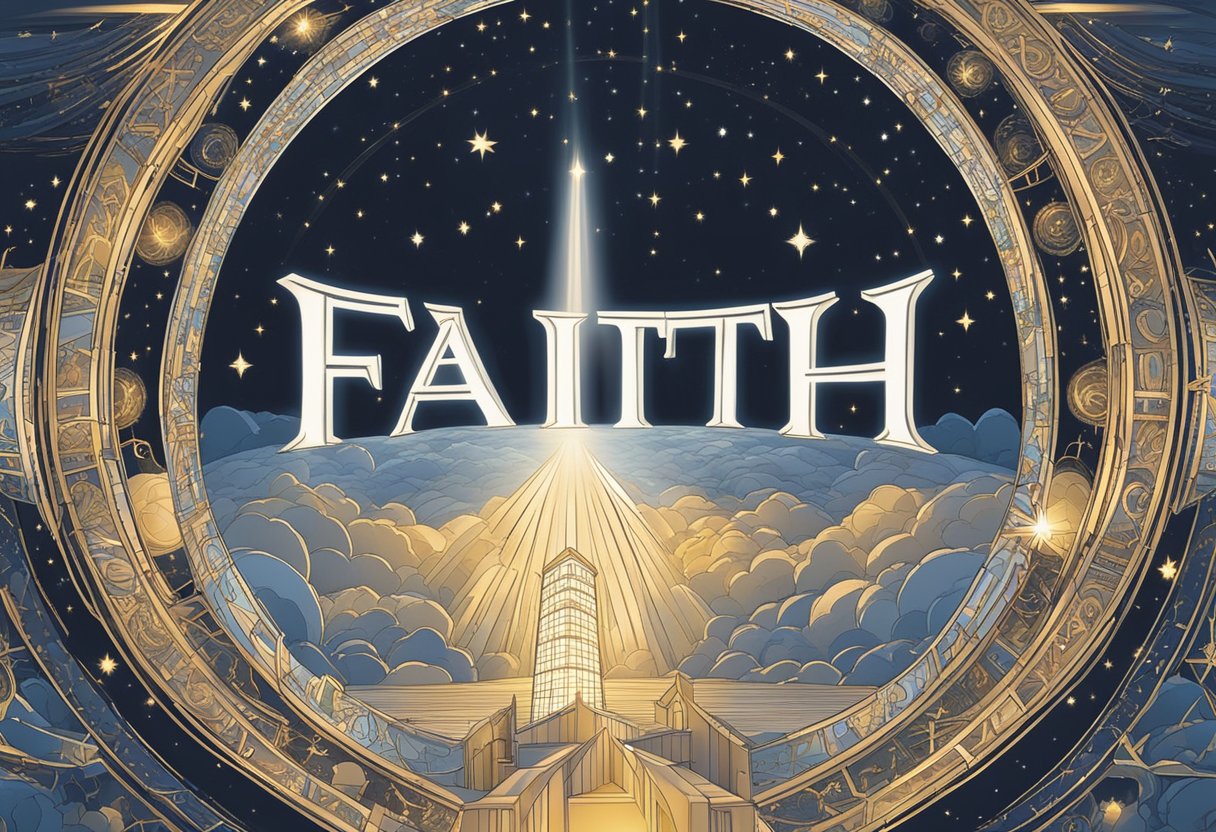 A glowing halo of light surrounds the word "faith", while various baby names orbit around it like stars in a celestial dance