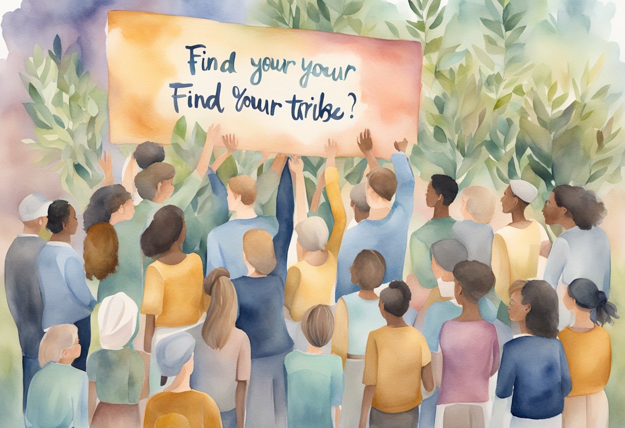 A group of people gather around a sign that reads "Find Your Tribe" with quotes and frequently asked questions written on it