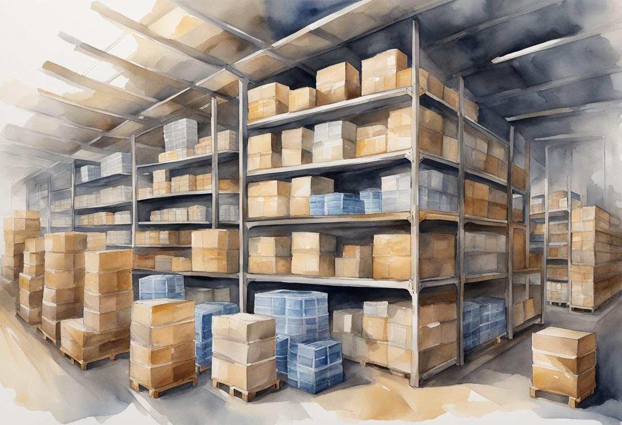 A warehouse stacked with large quantities of products, with one item being taken out and packaged for individual sale