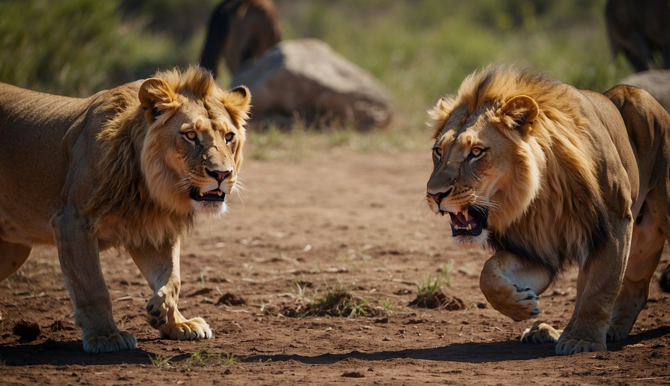 Lions hunting and feasting on prey, surrounded by other carnivores in a dynamic and intense scene