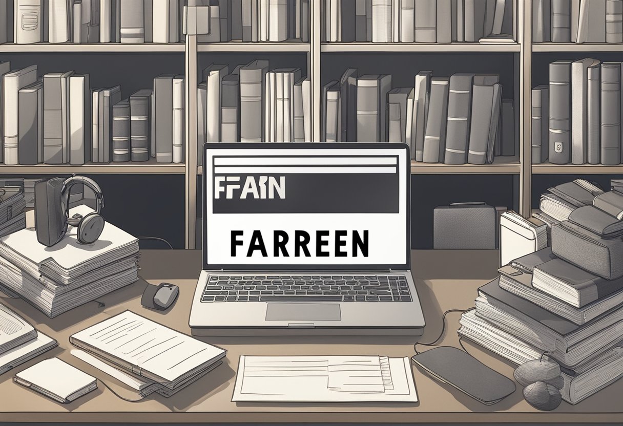A name tag with "Farren" in bold letters on a desk surrounded by books and a computer