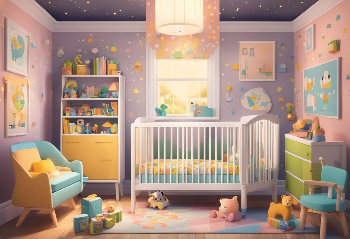 A cozy nursery with a crib adorned with the name "Finn" in playful, colorful letters. Toys and books scattered around, creating a warm and inviting atmosphere