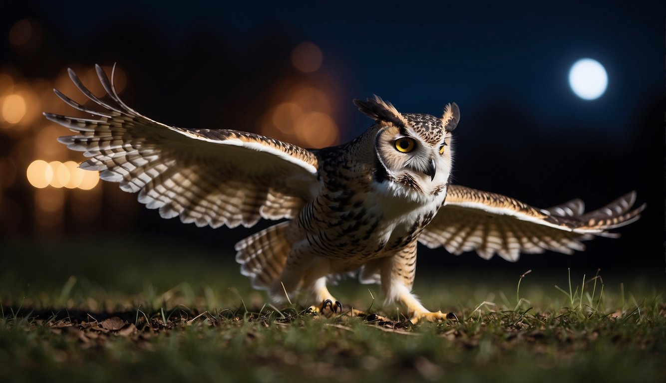 Owls hunt at night, swooping silently on prey.

They use keen eyesight and sharp talons to catch small mammals and birds