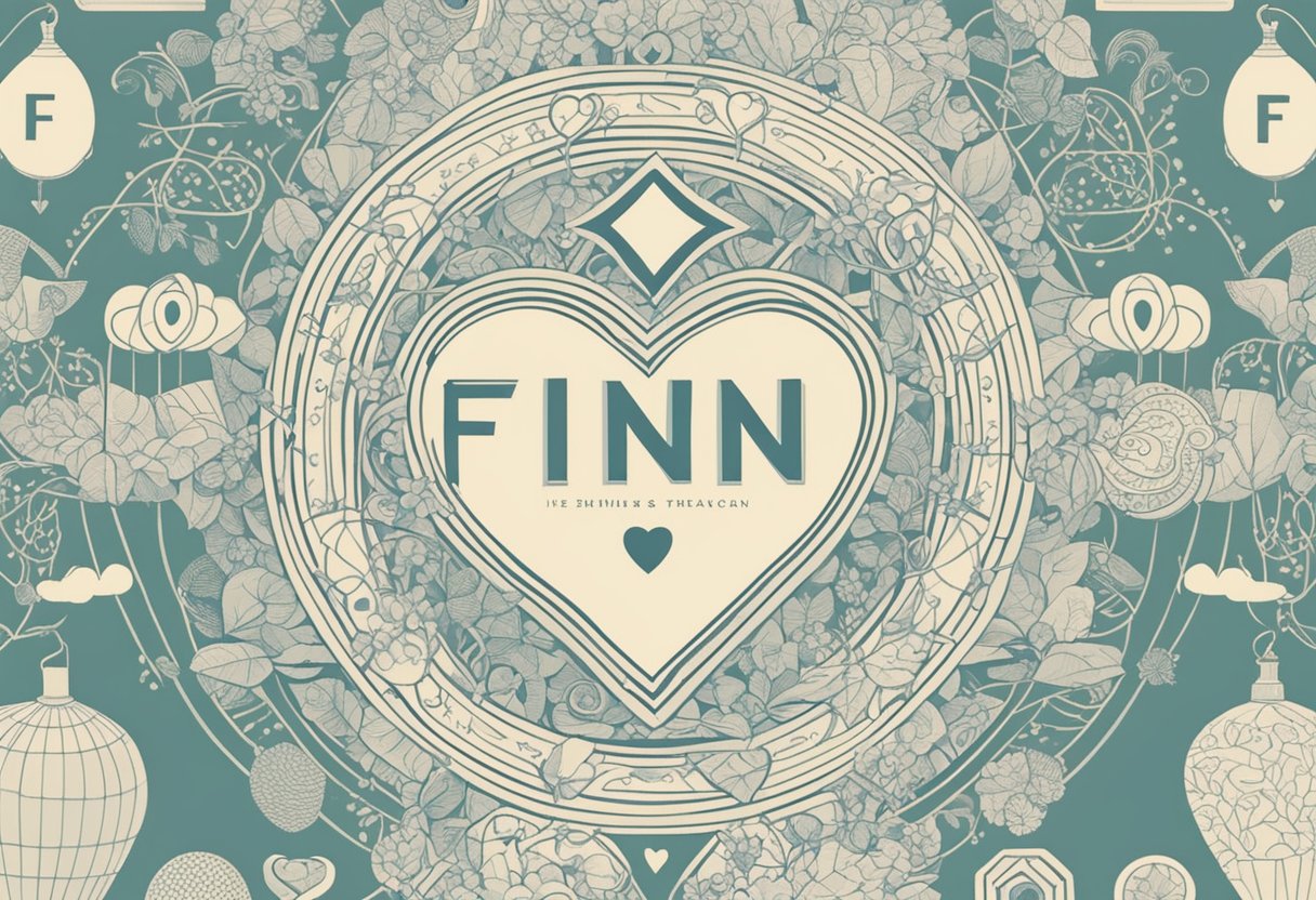 A baby name "Finn" is surrounded by symbols of connection: a heart, a family tree, and intertwined circles