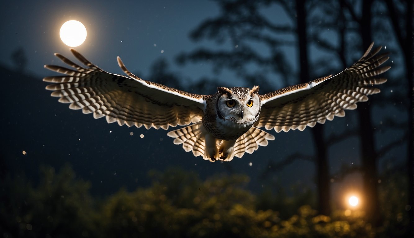 Owls swoop and dive under the moonlit sky, hunting for their nightly prey in the silent darkness of the forest