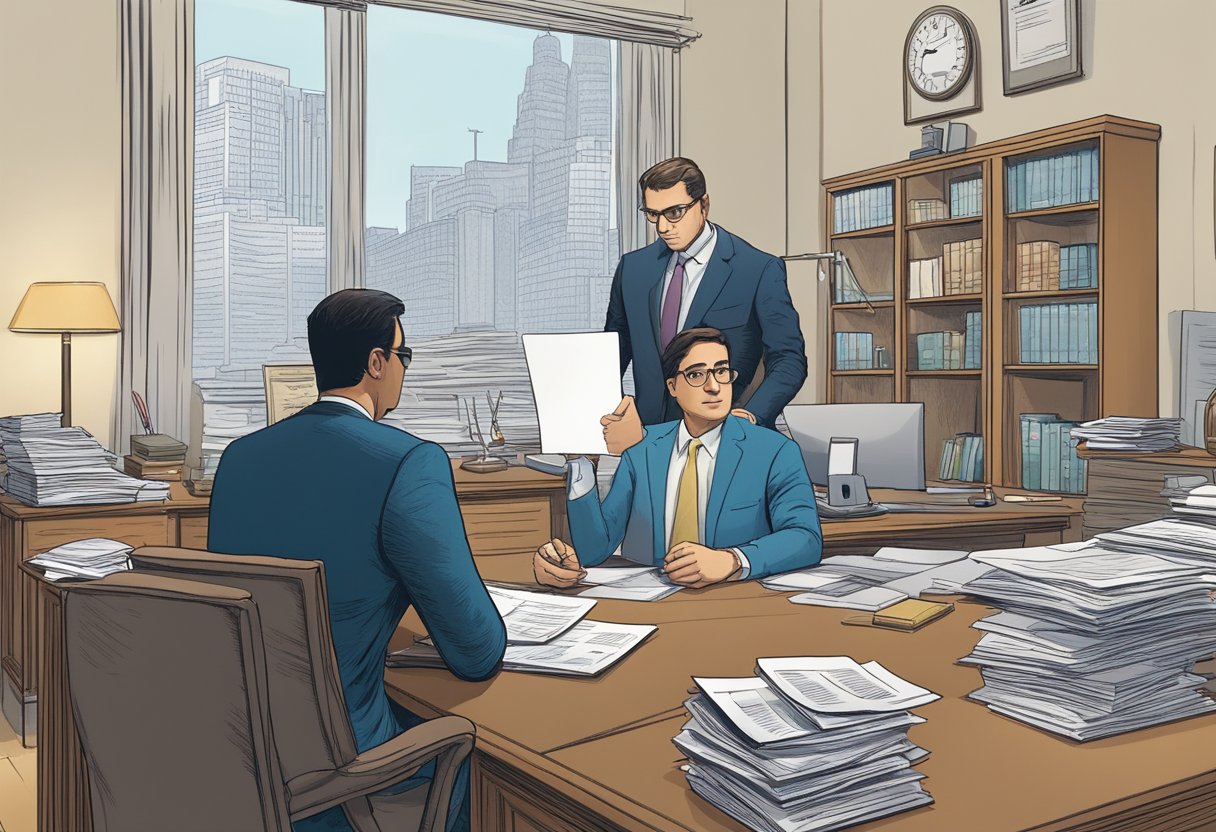 A person sits at a desk, surrounded by paperwork. A lawyer stands nearby, offering assistance. The scene conveys a sense of support and guidance in navigating debt negotiation and renegotiation
