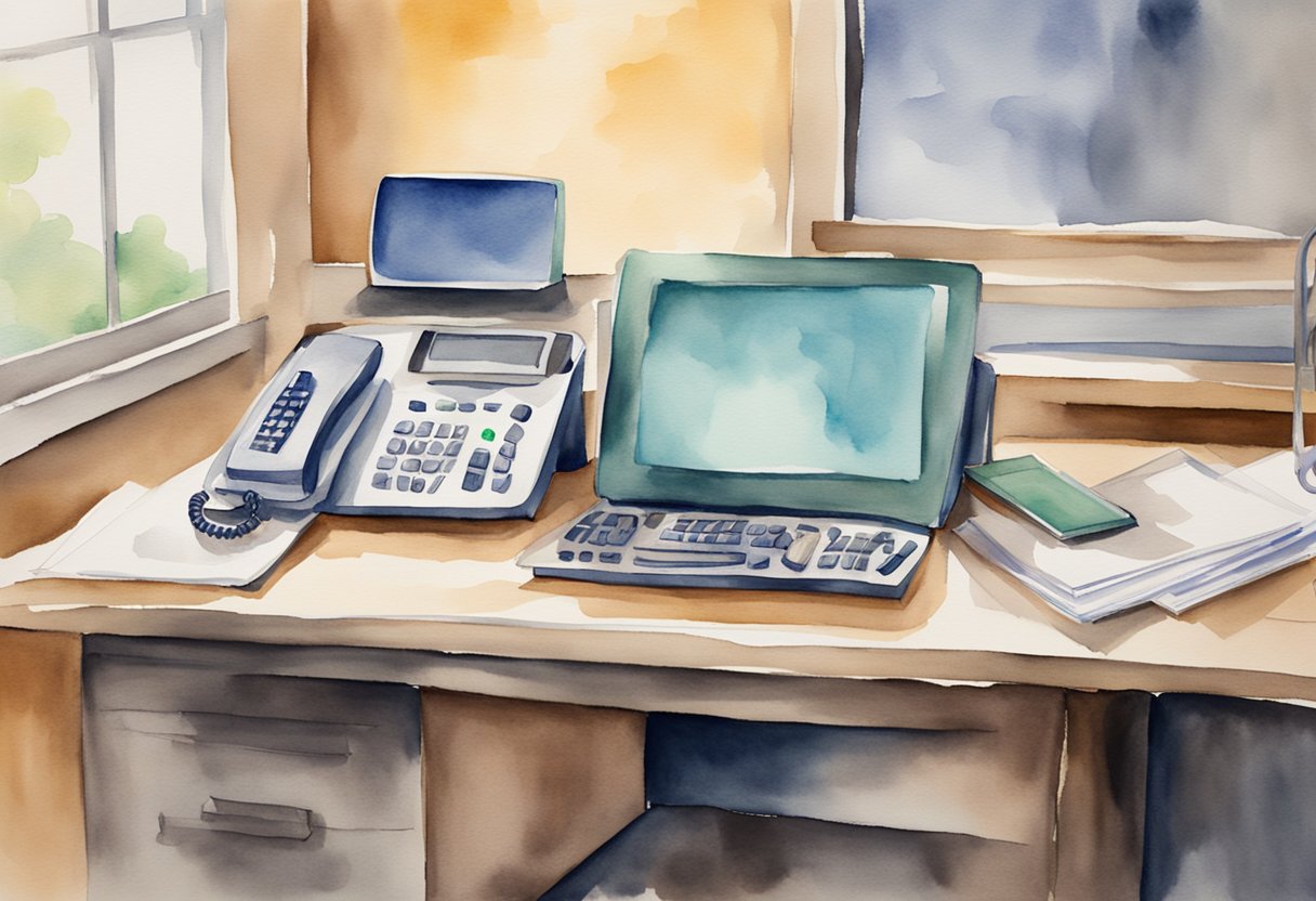 A desk with a computer, phone, and paperwork. A clock on the wall reads 5:00. A paycheck with a large dollar sign lies on the desk