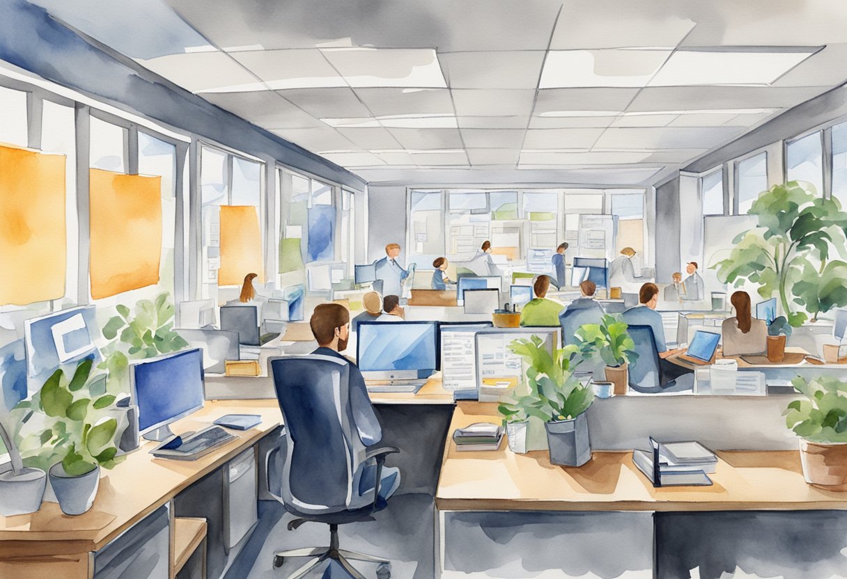 A bustling office environment with modern technology and comfortable workstations, with signs and banners displaying "Easy High-Paying Jobs" in bold lettering