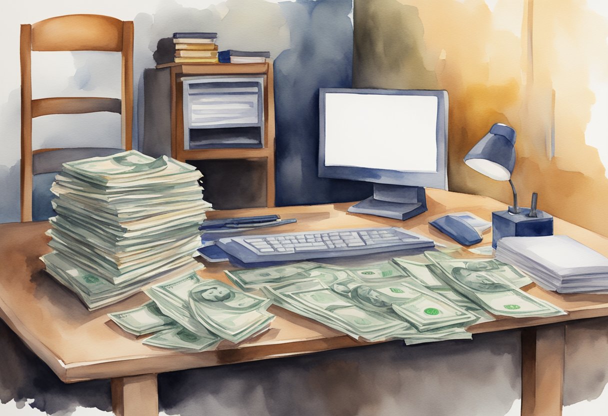 A desk with a computer, chair, and paperwork. A stack of money on the desk. A diploma on the wall