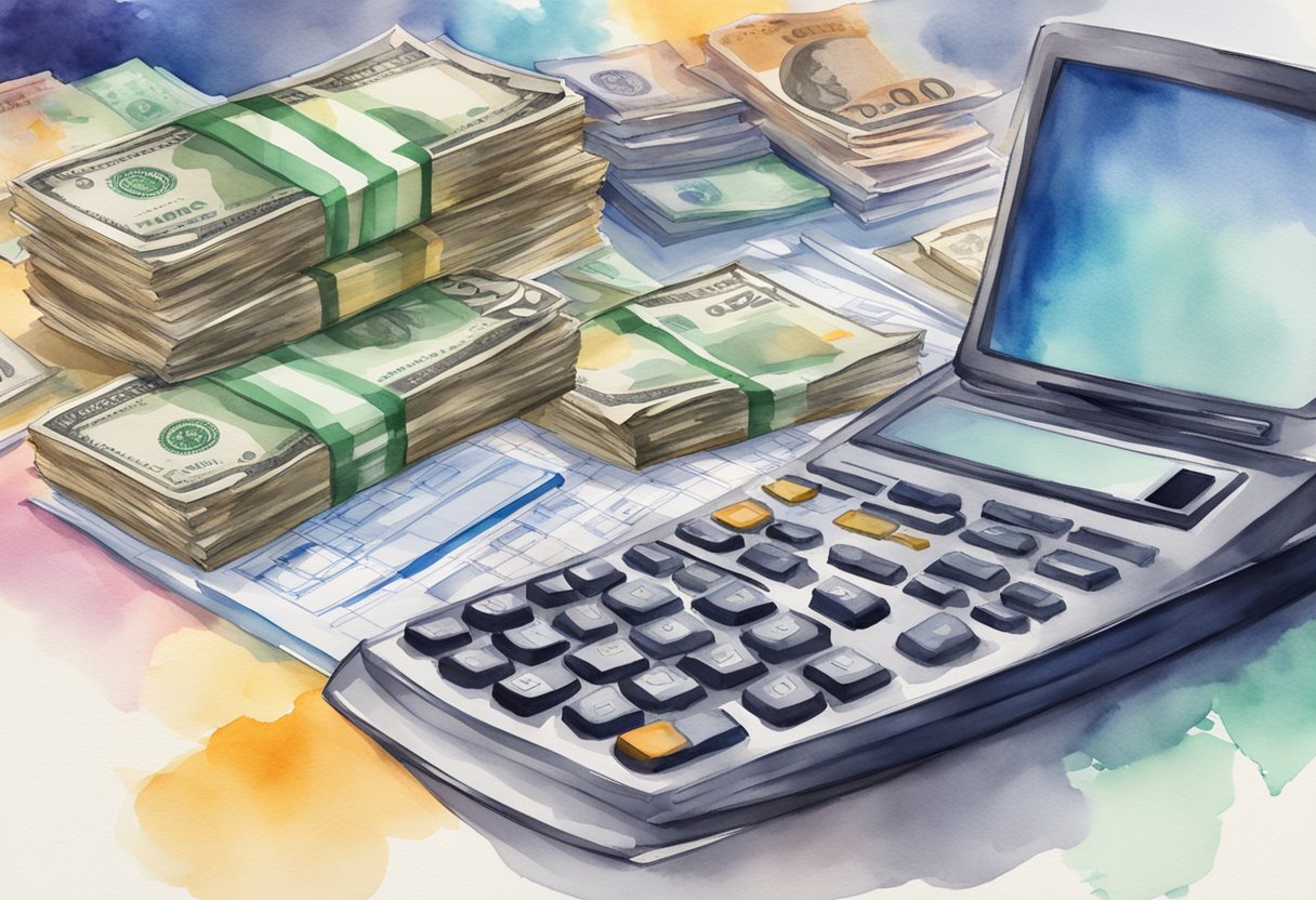 A stack of cash on a desk with a computer and calculator. Graphs and charts showing salary data in the background