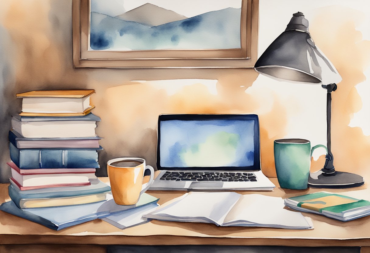 A desk with a computer, a stack of books, and a diploma on the wall. A clock showing 5:00, and a coffee mug