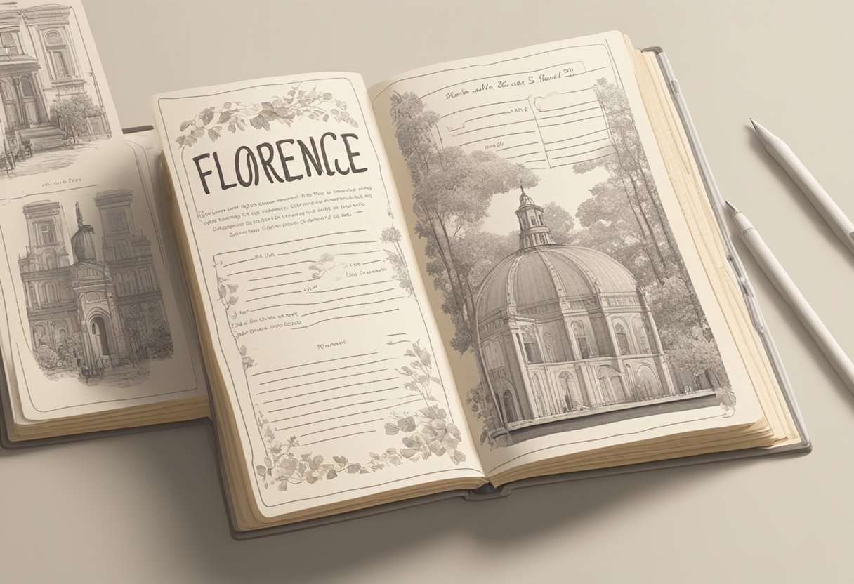 A baby name book open to the page for "Florence," surrounded by family photos and handwritten notes
