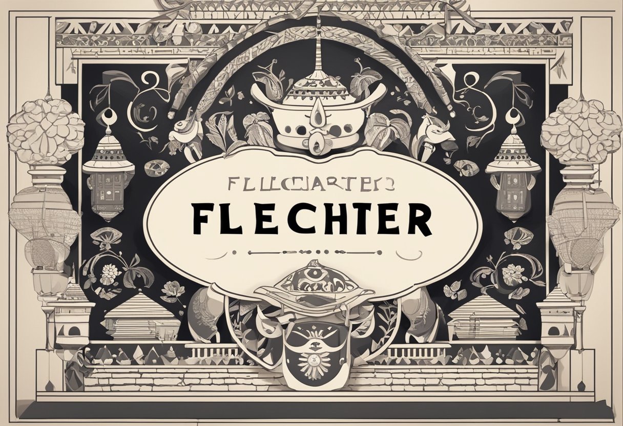 A baby name "Fletcher" displayed on a banner at a cultural festival, surrounded by symbols of craftsmanship and tradition