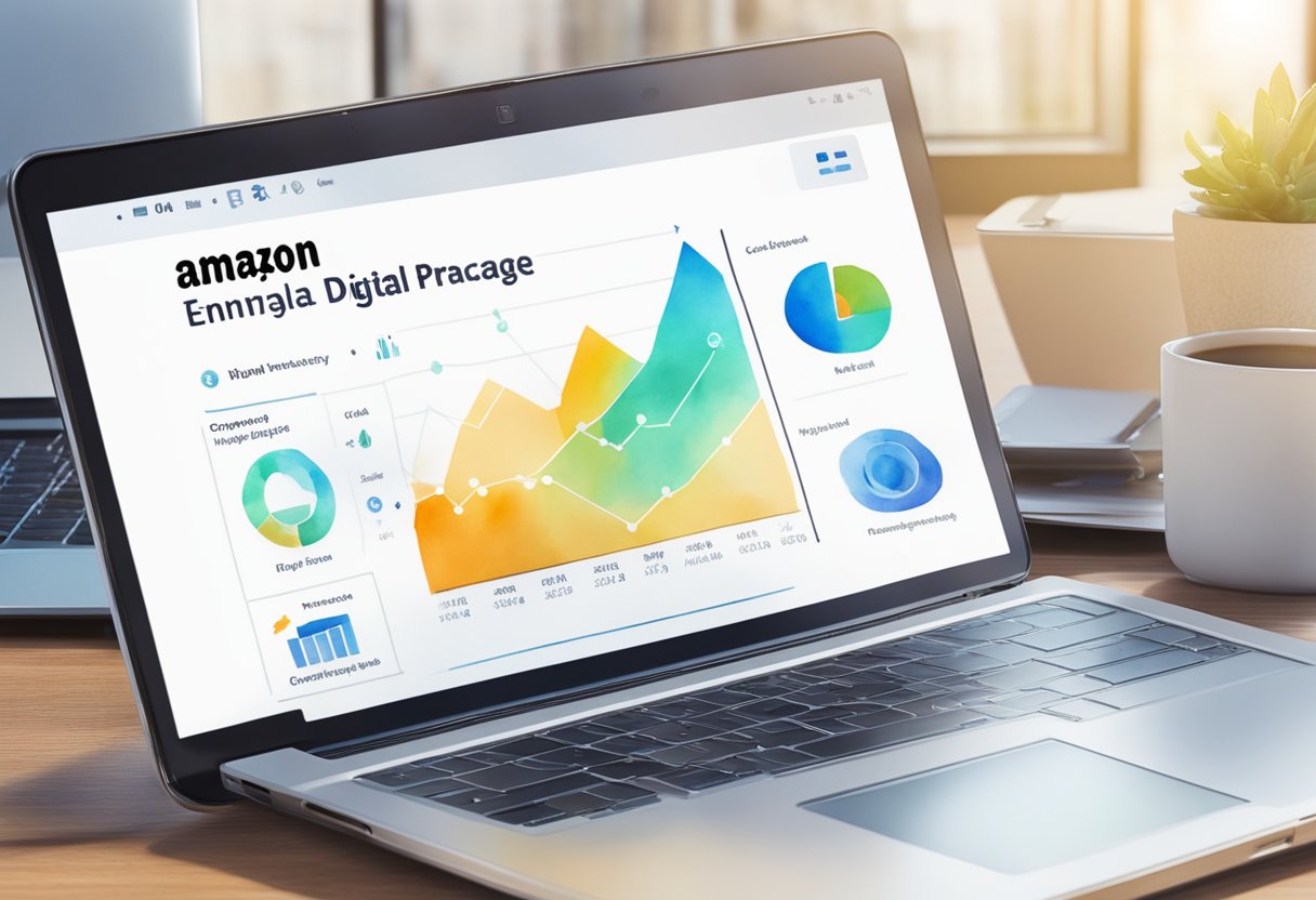 A laptop displaying Amazon's digital download page with marketing strategies listed. A smartphone with a sales graph in the background