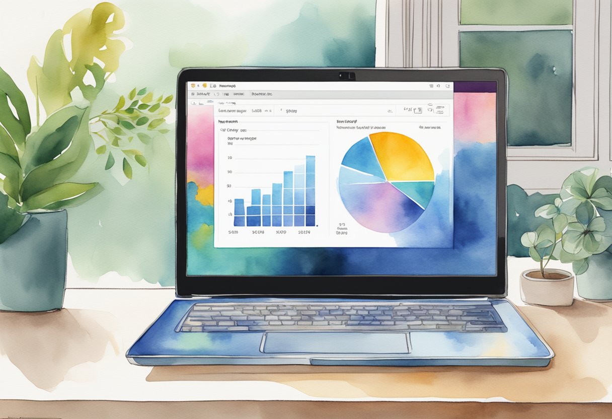 A laptop displaying a digital download on Amazon, with a "Buy Now" button highlighted. Graphs show increasing sales