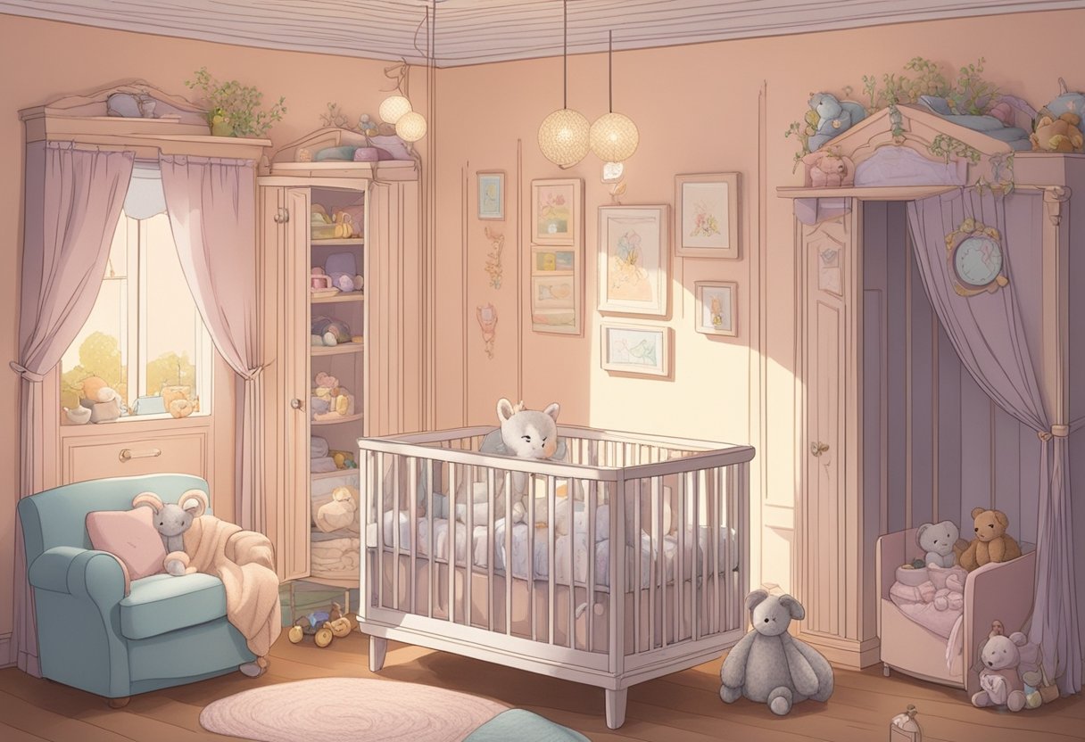 A small crib with the name "Freya" written in delicate script hangs on the wall, surrounded by soft pastel-colored blankets and toys