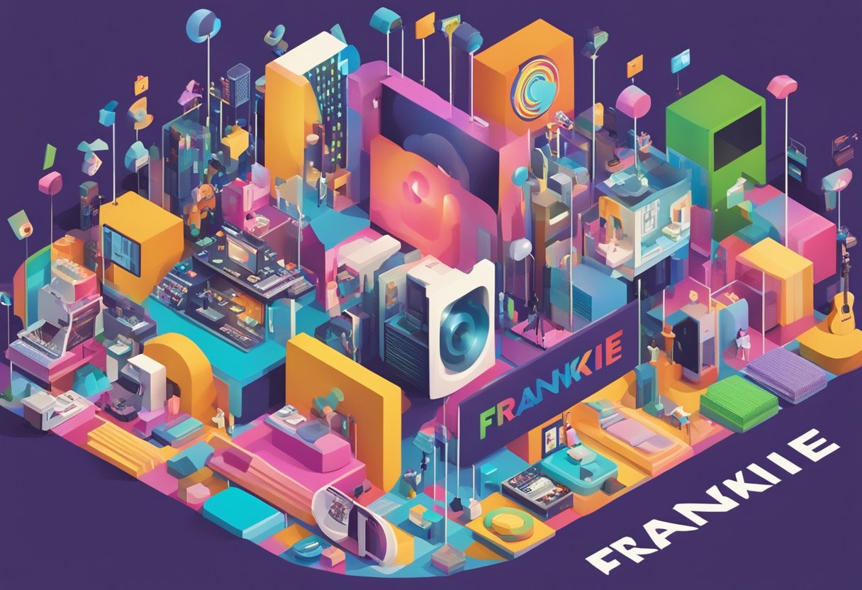 A collage of diverse media sources, such as TV shows, movies, music, and social media platforms, surrounding the name "Frankie" in bold, vibrant letters