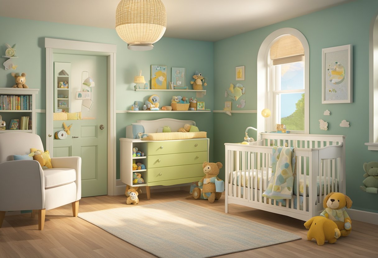 A gender-neutral nursery with a name plaque reading "Frankie" on the door. Unisex colors and decor, with toys and books featuring diverse characters